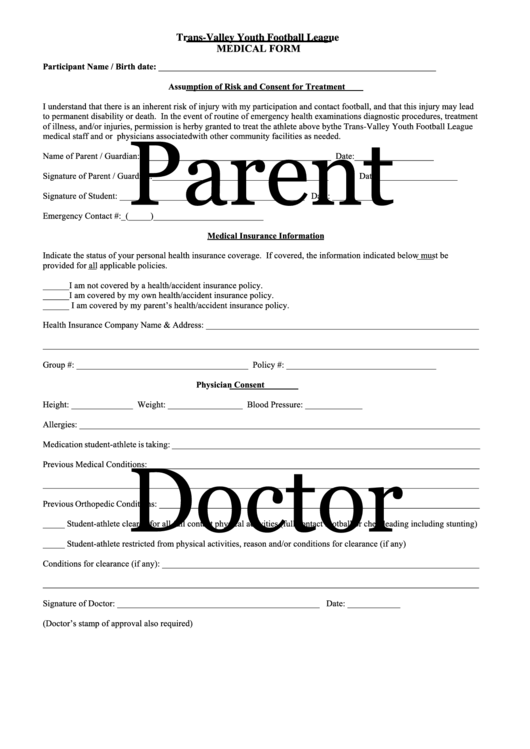Medical Form - Trans-Valley Youth Football League Printable pdf