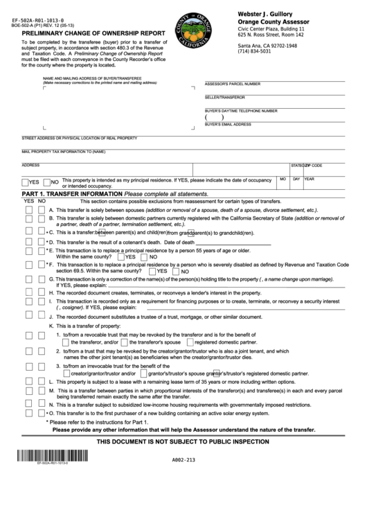 Fillable Form Boe-502-A (P1) - Preliminary Change Of Ownership Report - Santa Ana, Ca - 2013 Printable pdf