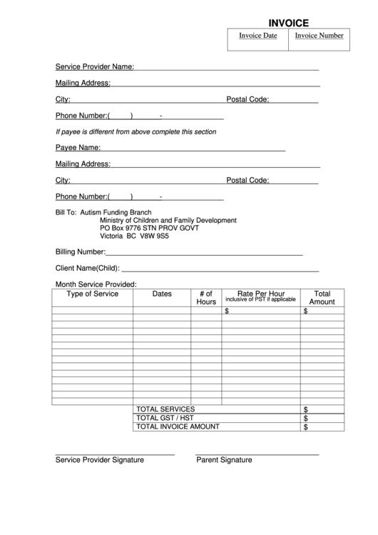 Invoice Form - Autism Funding Branch Printable pdf