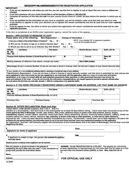 Mississippi Mail-In And Nvra Agency Voter Registration Application Printable pdf