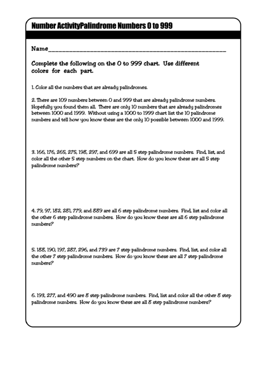 Palindrome Numbers 0-999 - Number Activity Printable pdf