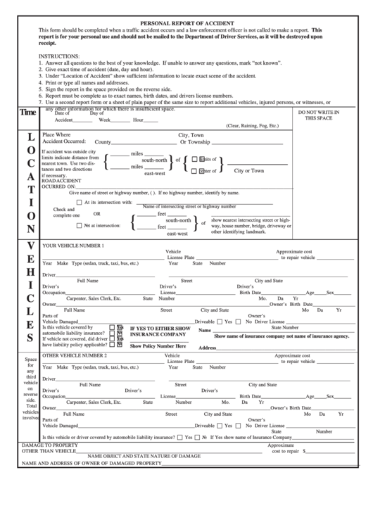 Personal Report Of Accident Form Printable pdf