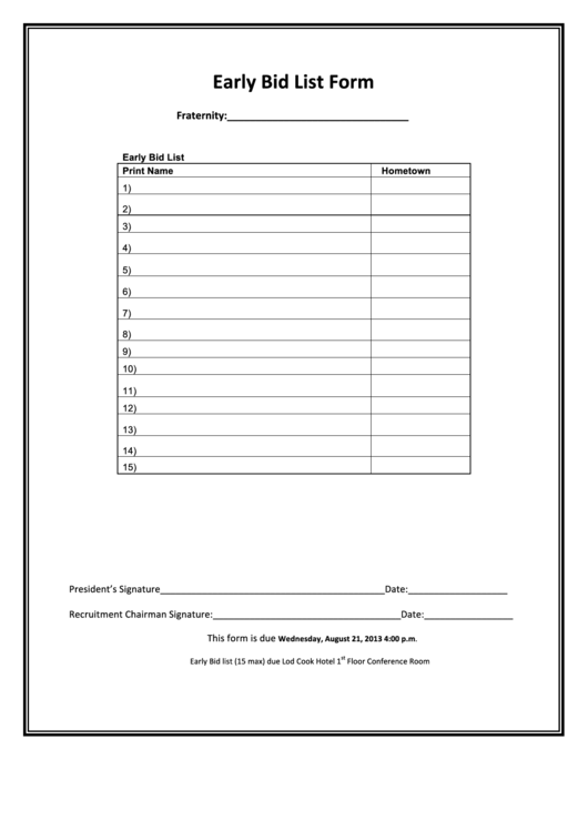 Early Bid List Form Template Printable pdf