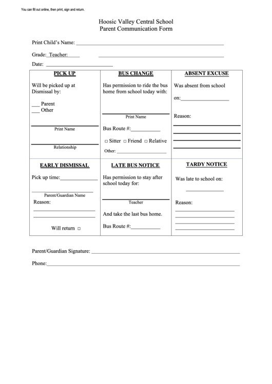 Hoosic Valley Central School Parent Communication Form