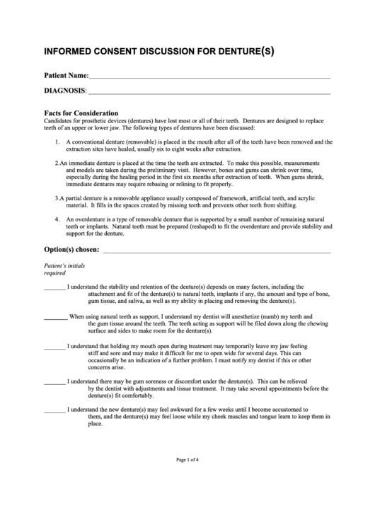 Informed Consent Discussion For Denture(S) Printable pdf