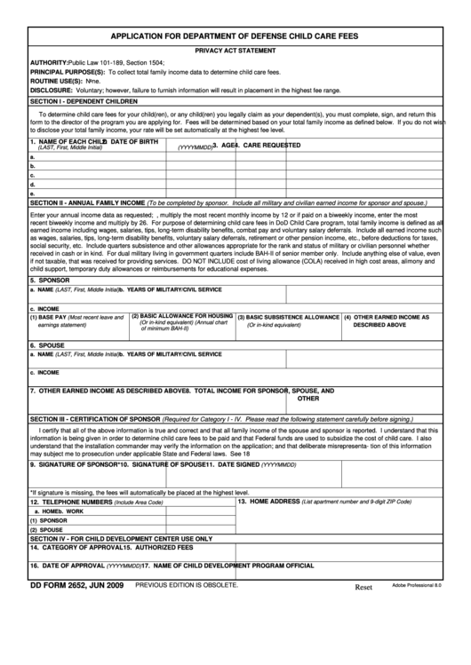 Fillable Dd Form 2652 - Application For Department Of Defense Child Care Fees - 2009 Printable pdf