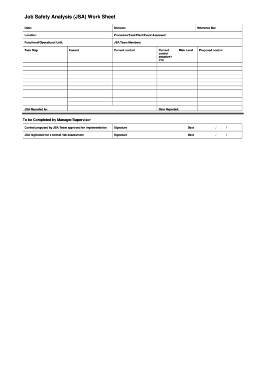 Job Safety Analysis (Jsa) Work Sheet Template Printable pdf