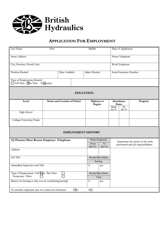 Application For Employment Template - General Printable pdf