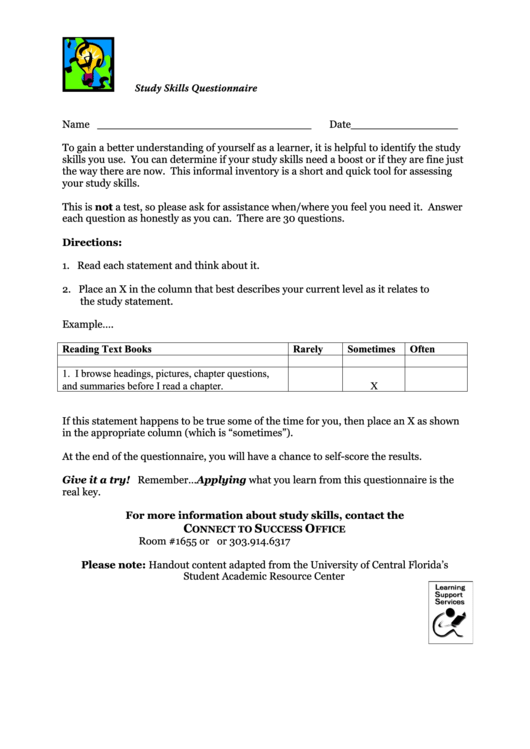 Study Skills Assessment Form Printable pdf