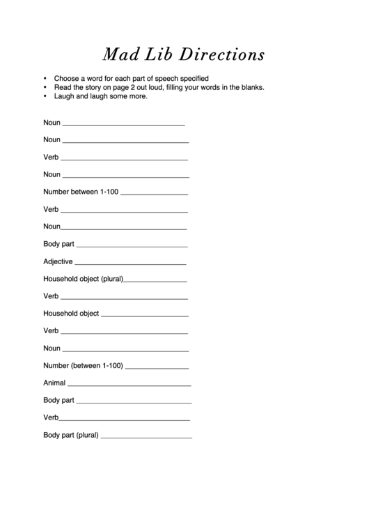 Mad Lib Directions Worksheet Printable pdf