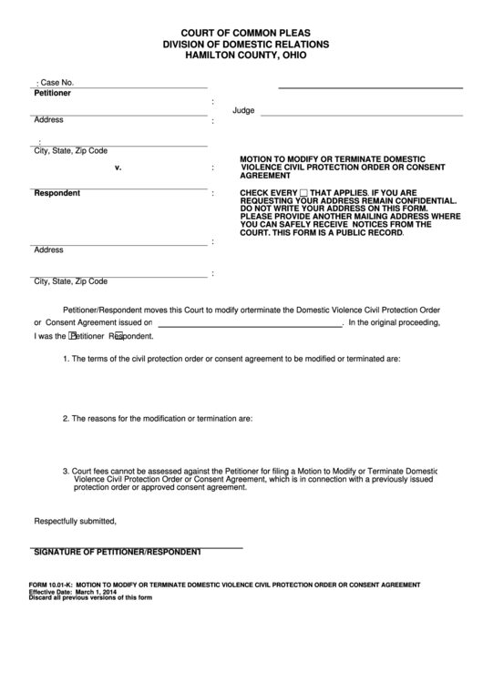 Motion To Modify Or Terminate Domestic Violence Civil Protection Order Or Consent Agreement - Court Of Common Pleas Division Of Domestic Relations Hamilton County Printable pdf