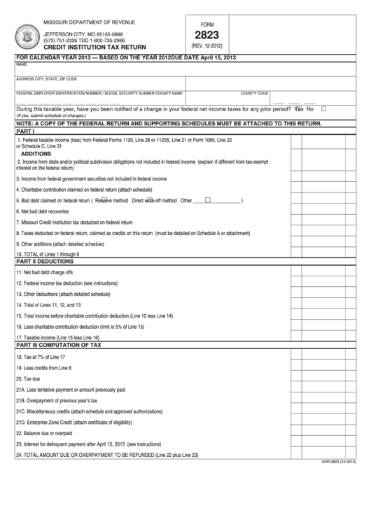 Fillable Form 2823 - Credit Institution Tax Return - 2012 Printable pdf