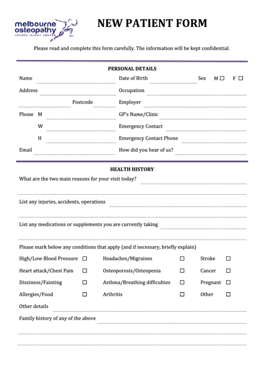 New Patient Form - Osteopathy Printable pdf
