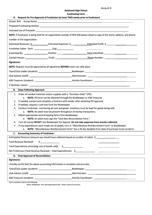 Fundraising Form - Redmond High School Printable pdf