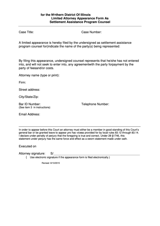 Fillable Limited Attorney Appearance Form As Settlement Assistance Program Counsel Printable pdf