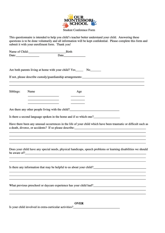 Student Conference Form - Our Montessori School Printable pdf
