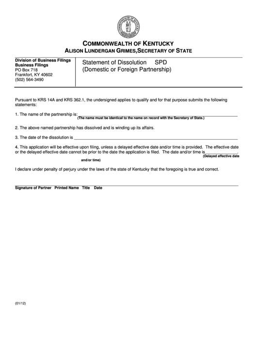 Fillable Form Spd - Statement Of Partnership Dissolution (Domestic Or Foreign Partnership) Printable pdf