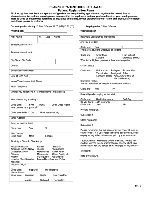 Planned Parenthood Of Hawaii Patient Registration Form Printable pdf