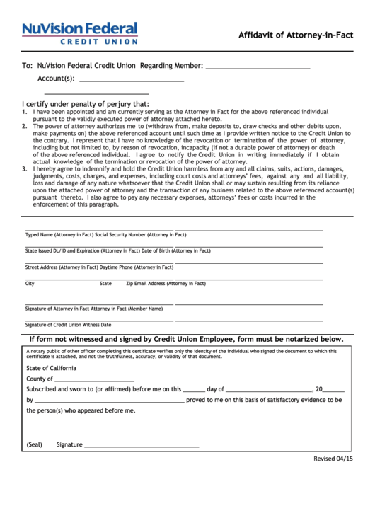 Affidavit Of Attorney-In-Fact - Nuvision Federal Credit Union Printable pdf