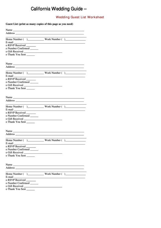 Wedding Guest List Worksheet Printable pdf