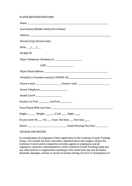 Player Registration Form - Junior Hockey Network Printable pdf