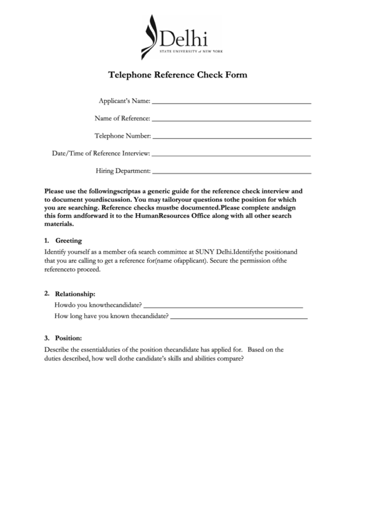 Fillable Telephone Reference Check Form - Delhi State University Of New York Printable pdf