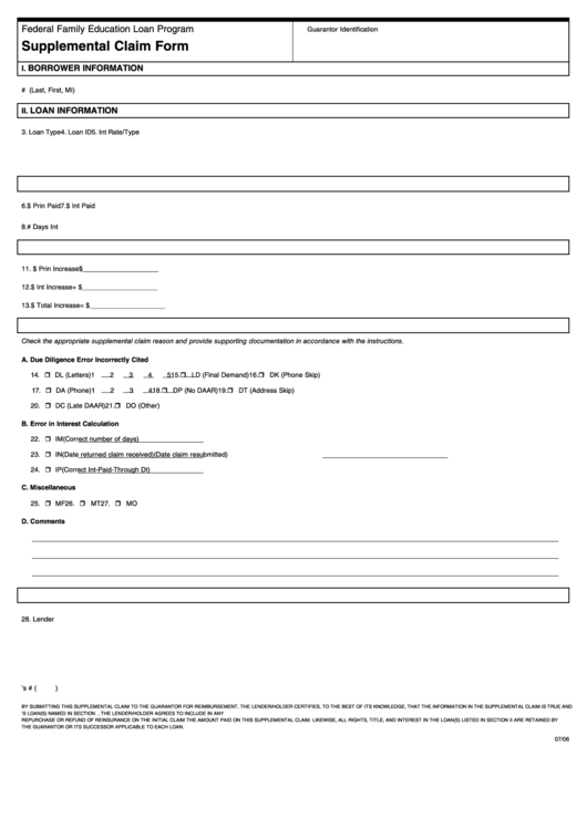 Supplemental Claim Form - Federal Family Education Loan Program Printable pdf