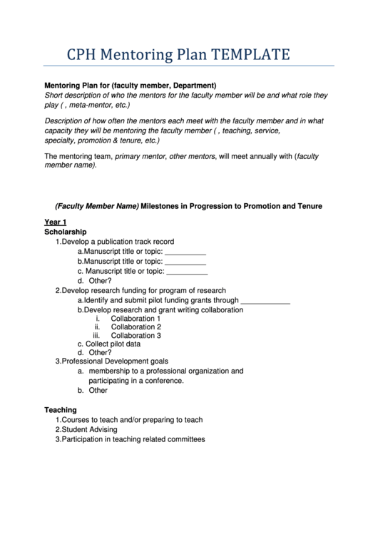 Cph Mentoring Plan Template Printable pdf