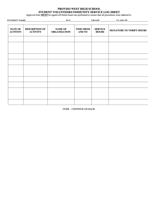 Student Volunteer community Service Log Sheet Proviso West High
