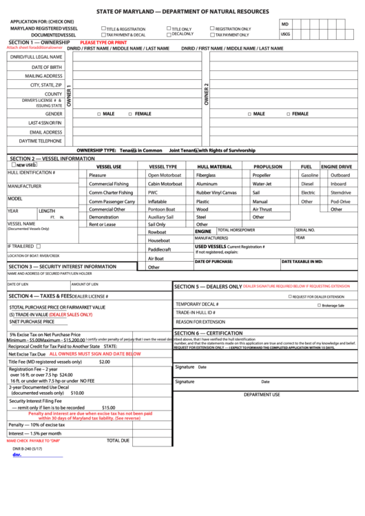 Fillable Boat Registration Form (B-240) - Maryland Dnr Printable pdf