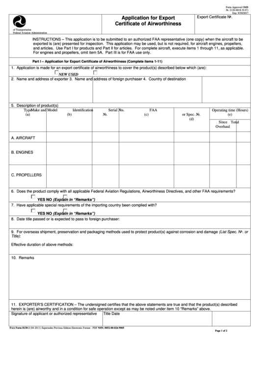Fillable Faa Form 8130-1 Application For Export Certificate Of Airworthiness Printable pdf