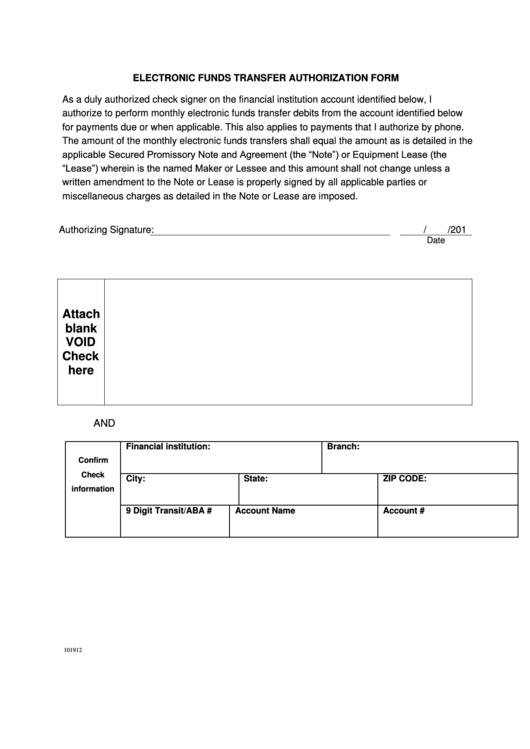 Fillable Electronic Funds Transfer Authorization Form printable pdf