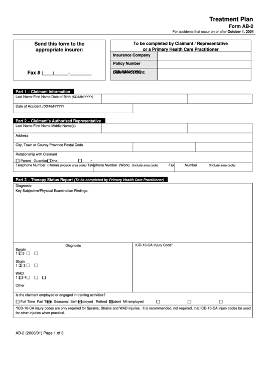 Fillable Ab-2 - Treatment Plan - Accident Claims Benefit Package Printable pdf