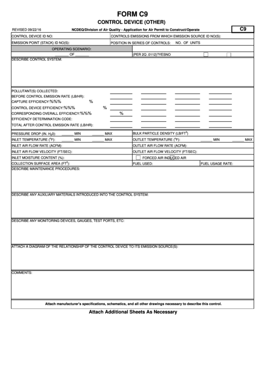 Fillable Form C9 Ncdeq/division Of Air Quality - Application For Air Permit To Construct/operate Printable pdf