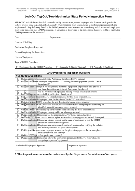 Mf04248 Lock-Out Tag-Out/zero Mechanical State Periodic Inspection Form Printable pdf
