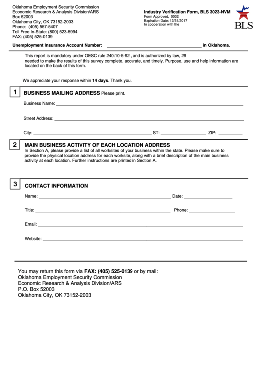 Form Bls 3023-Nvm - Industry Verification Form - Oklahoma Employment Security Commission Printable pdf