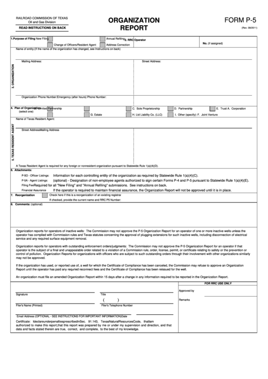 Form P-5 Organization Report - Railroad Commission Of Texas Printable pdf