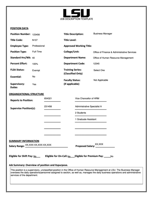 Fillable Business Manager Job Description Printable pdf