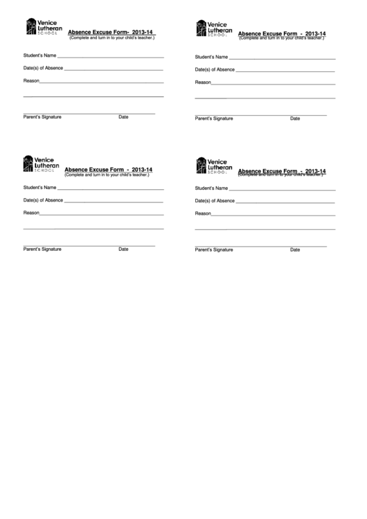 Absence Excuse Form (Sample) Printable pdf