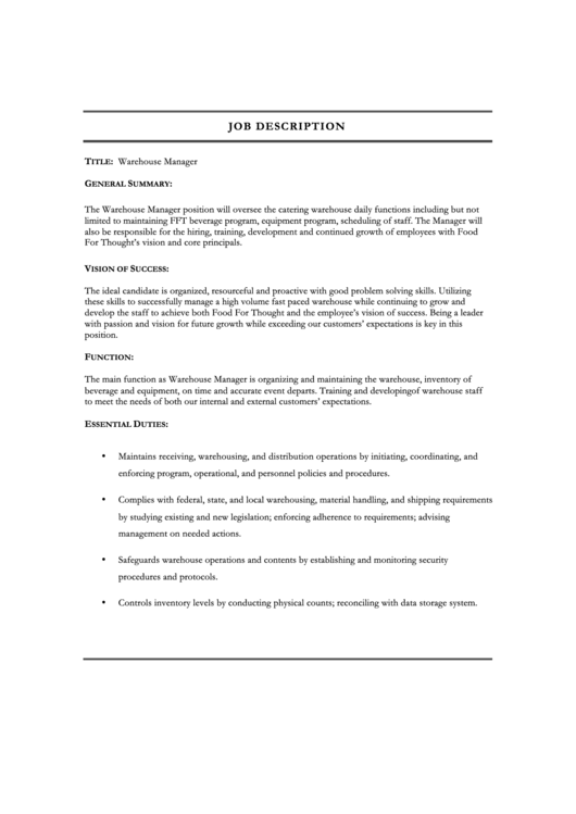 Warehouse Manager Job Description Printable pdf