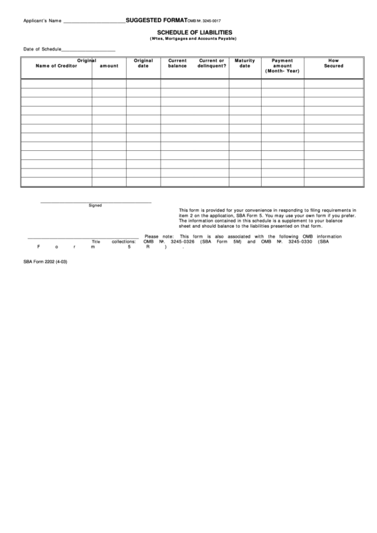 Sba Form 2202 - Schedule Of Liabilities (Notes, Mortgages And Accounts Payable) Printable pdf