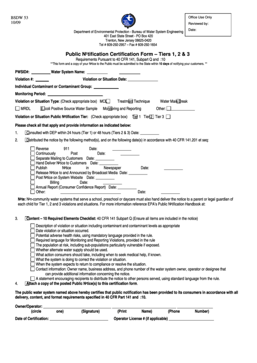 Form Bsdw 53 - Public Notification Certification Form - Tiers 1, 2 & 3 - New Jersey Department Of Environmental Protection Printable pdf