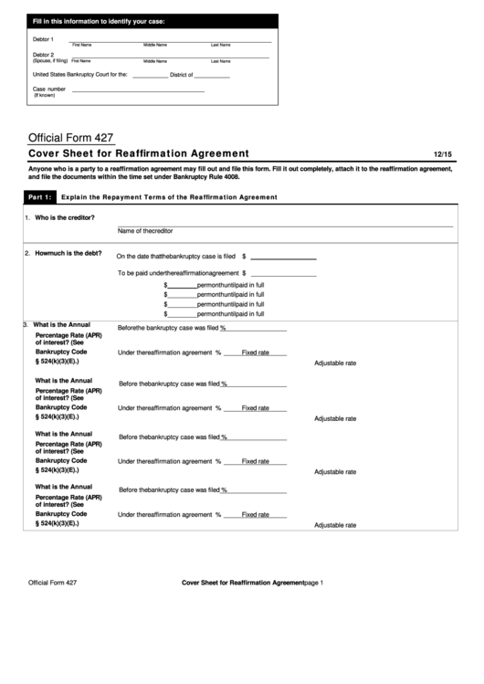 Fillable Official Form 427 Cover Sheet For Reaffirmation Agreement Printable pdf