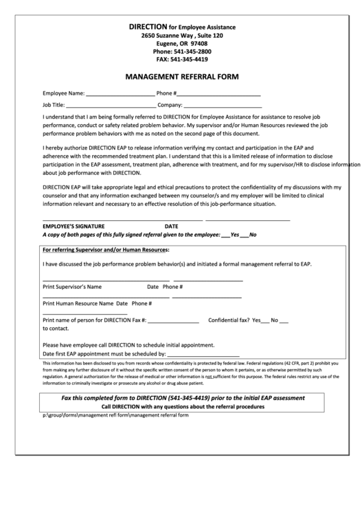 Management Referral Form - Direction For Employee Assistance - Oregon Printable pdf