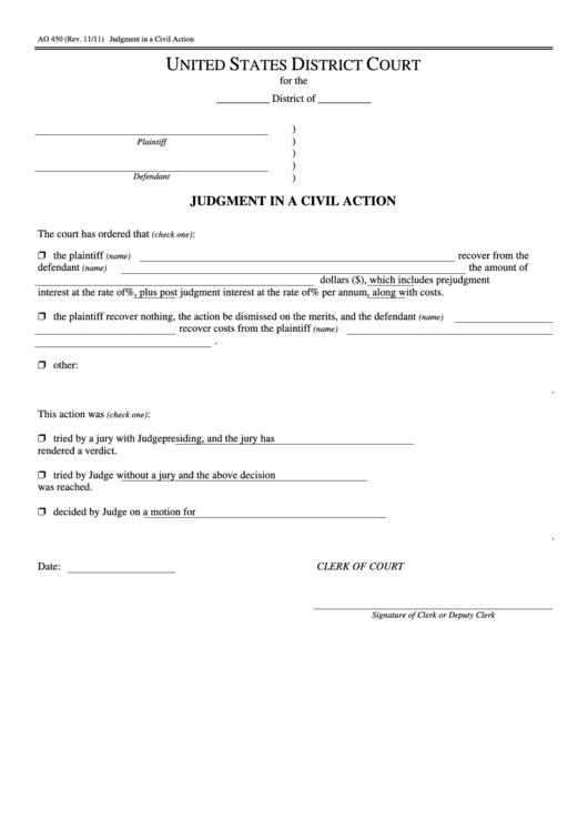 Fillable District Court Form - Judgment In A Civil Action Printable pdf