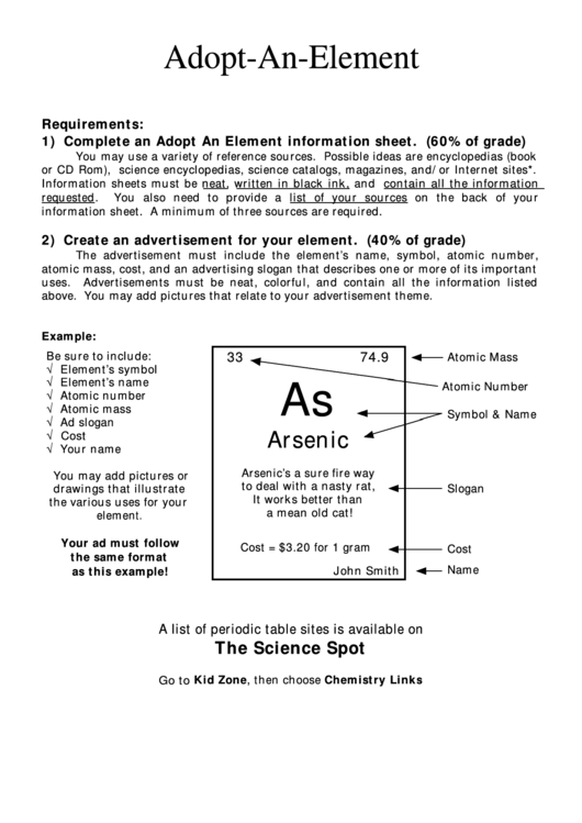 Adopt-An-Element (Chemistry Worksheet) Printable pdf