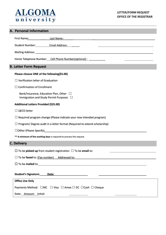 Letter/form Request - Algoma University Printable pdf