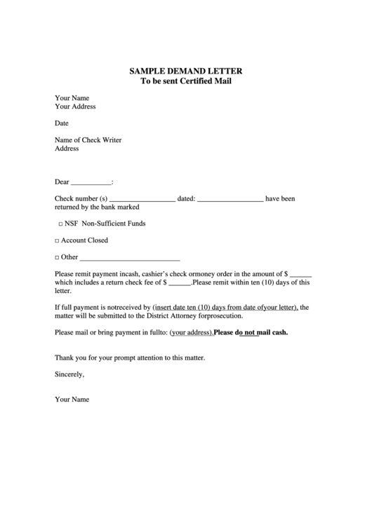 Check Fraud Sample Demand Letter Template printable pdf download