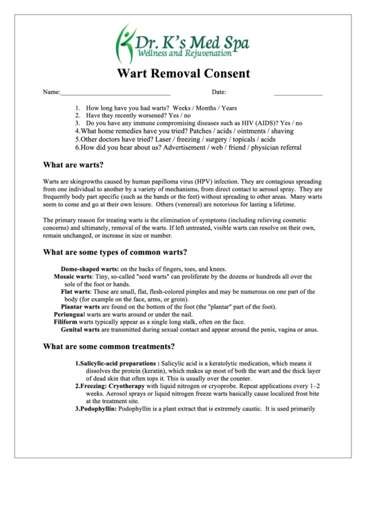 Wart Removal Consent Form Printable pdf