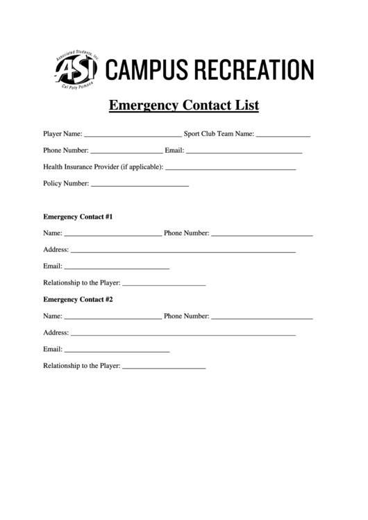 Fillable Emergency Contact List Printable pdf